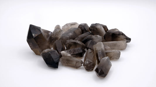 A composition of smoky quartz tips in prism shape