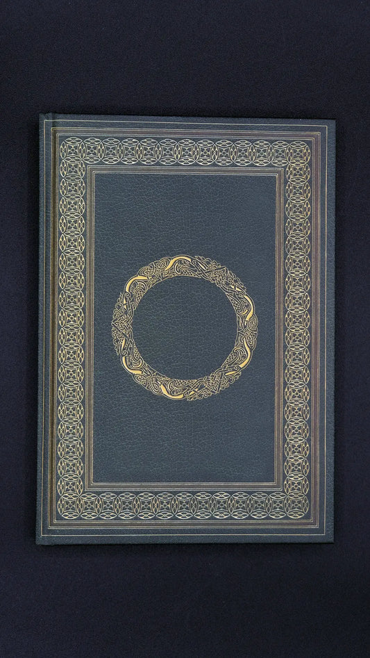 Dark green ornamented Journal Celtic over the black background.