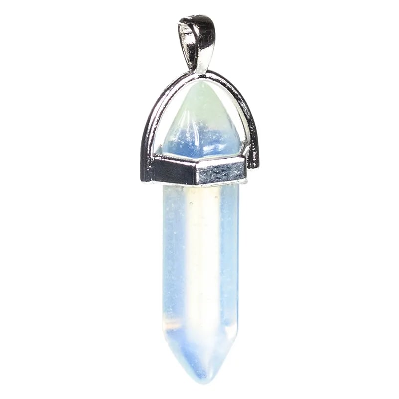 A pendant made of opalite stone in the shape of a hexagonal prism