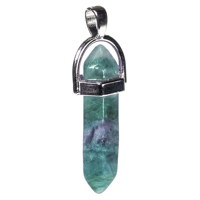 A pendant made of fluorite stone in the shape of a hexagonal prism