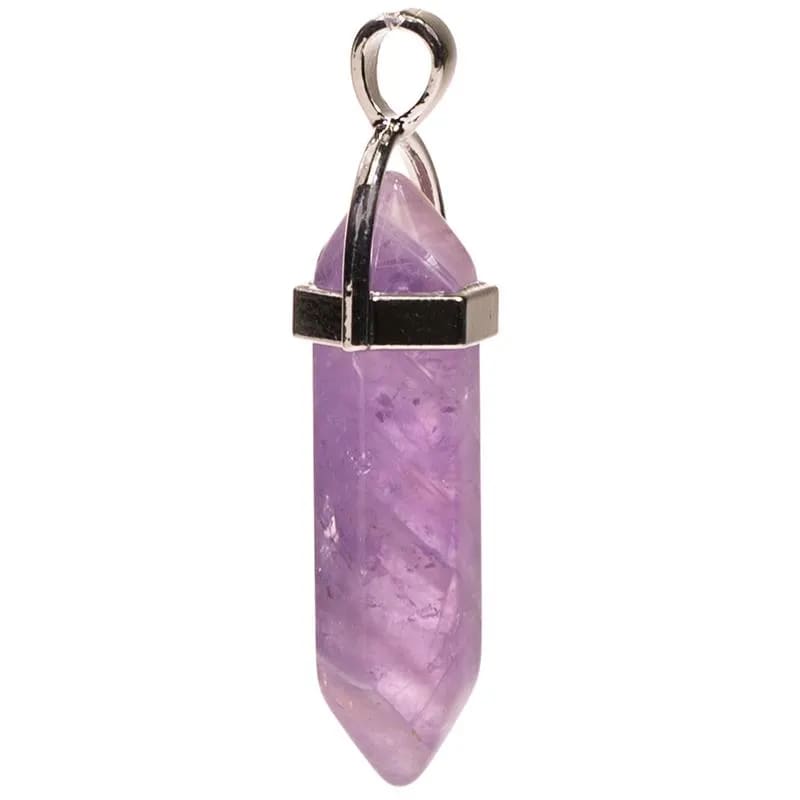 A pendant made of amethyst quartz in the shape of a hexagonal prism