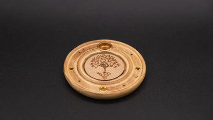Products Round Tree Incense Burner made of wood over black background.
