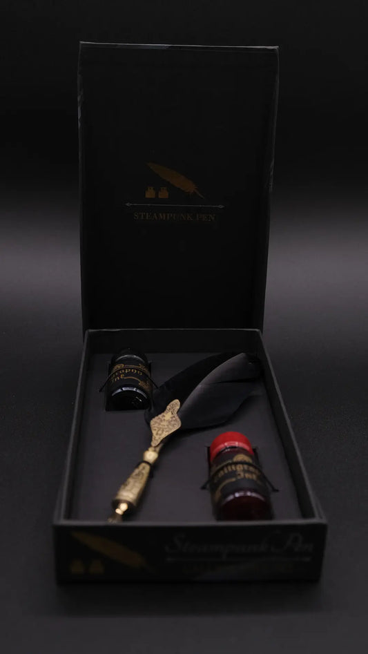 Steampunk Pen in the box with ink on the black background.