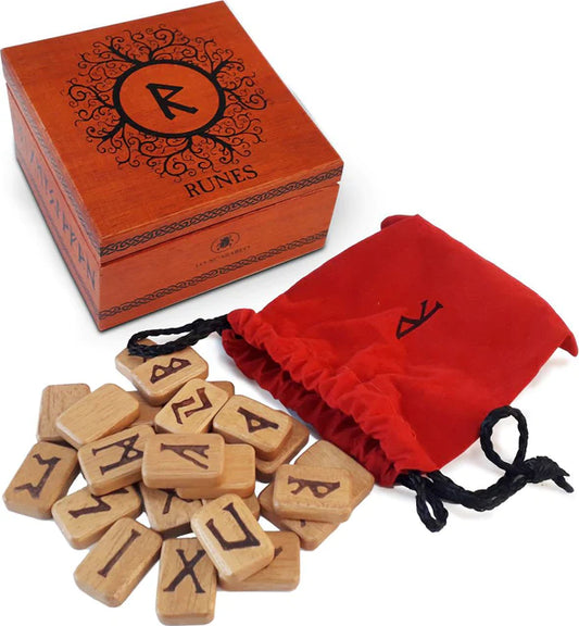 Precious runes set that contains wooden box, red velvet bag and wooden runes.